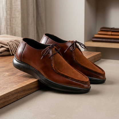 Leather Moc Toe Shoe ( 2 Inches Approx Height Increase ) - BRN Contrast