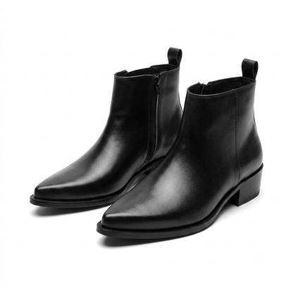 Pointed Leather Boots(2 inch heel)-BLK