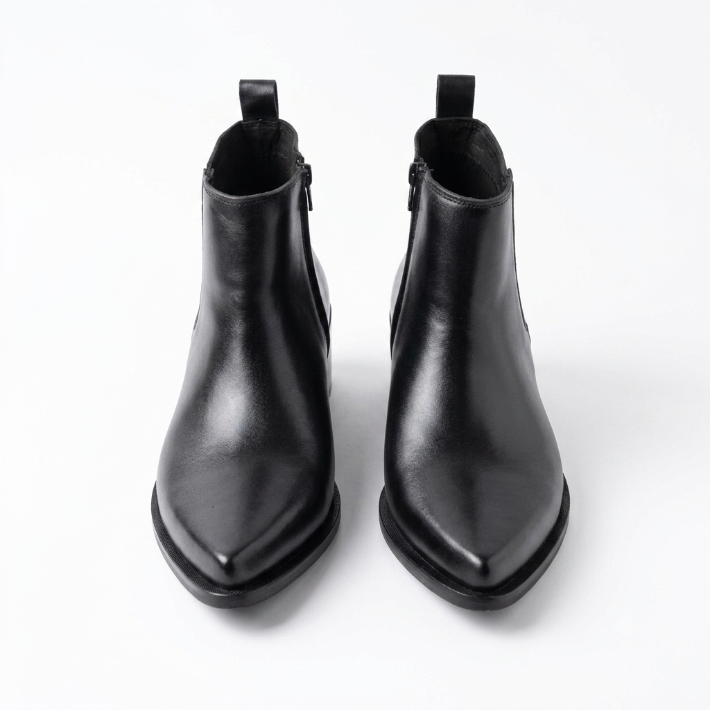Pointed Leather Boots(2 inch heel)-BLK
