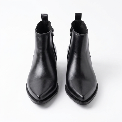 Pointed Leather Boots(2 inch heel)-BLK