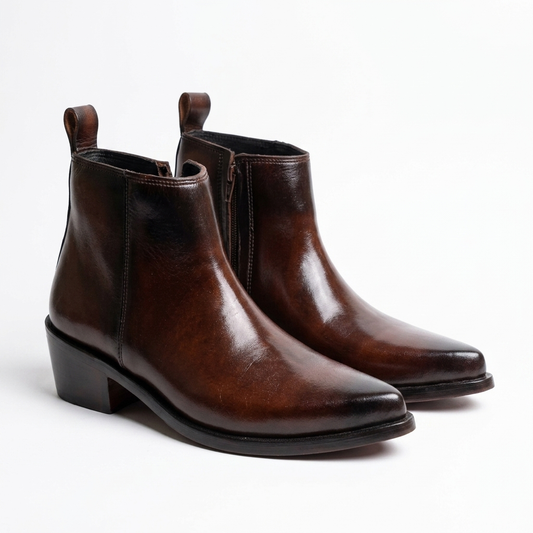 Pointed Leather Boots(2 inch heel)-BRN