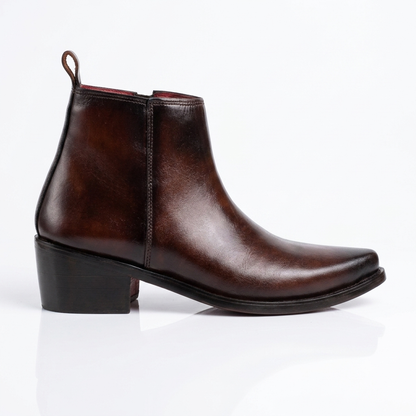 Pointed Leather Boots(2 inch heel)-BRN