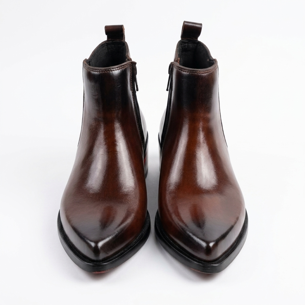 Pointed Leather Boots(2 inch heel)-BRN