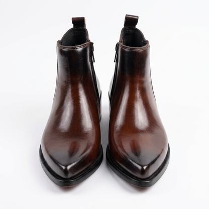 Pointed Leather Boots(2 inch heel)-BRN
