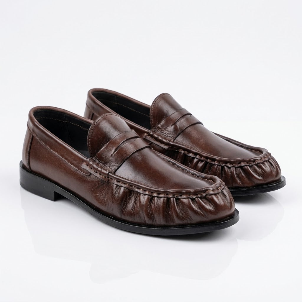Premium Leather Pleated Loafers - BRN