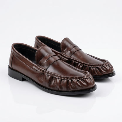 Premium Leather Pleated Loafers - BRN