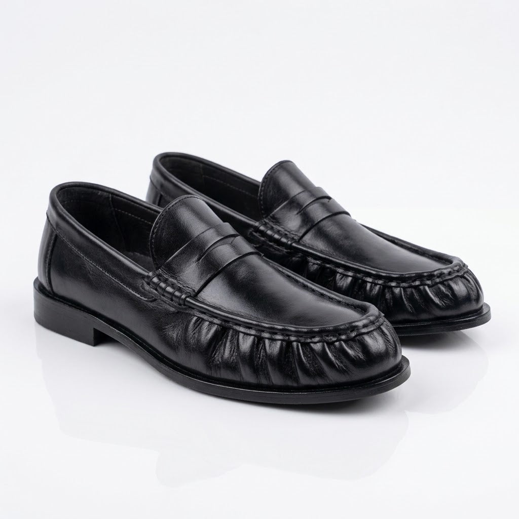 Premium Leather Pleated Loafers - BLK