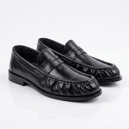 Premium Leather Pleated Loafers - BLK