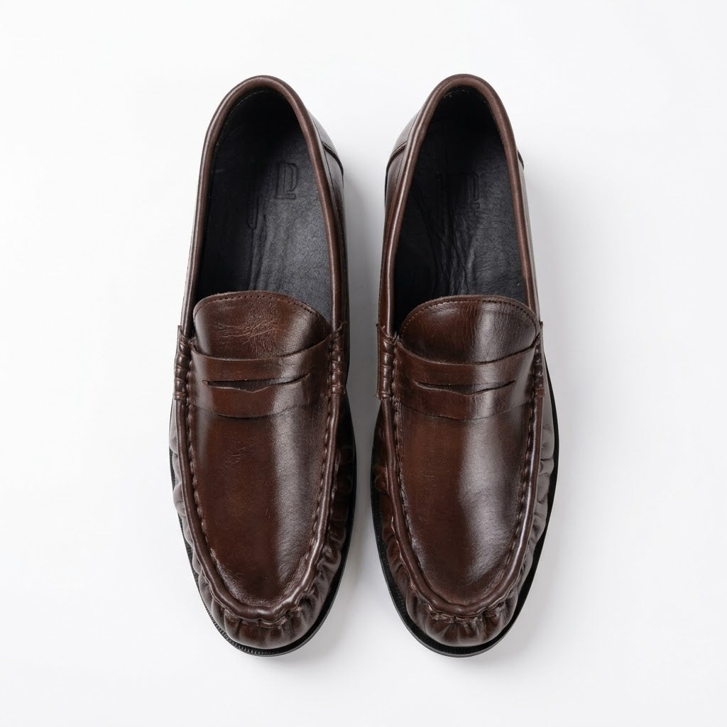 Premium Leather Pleated Loafers - BRN