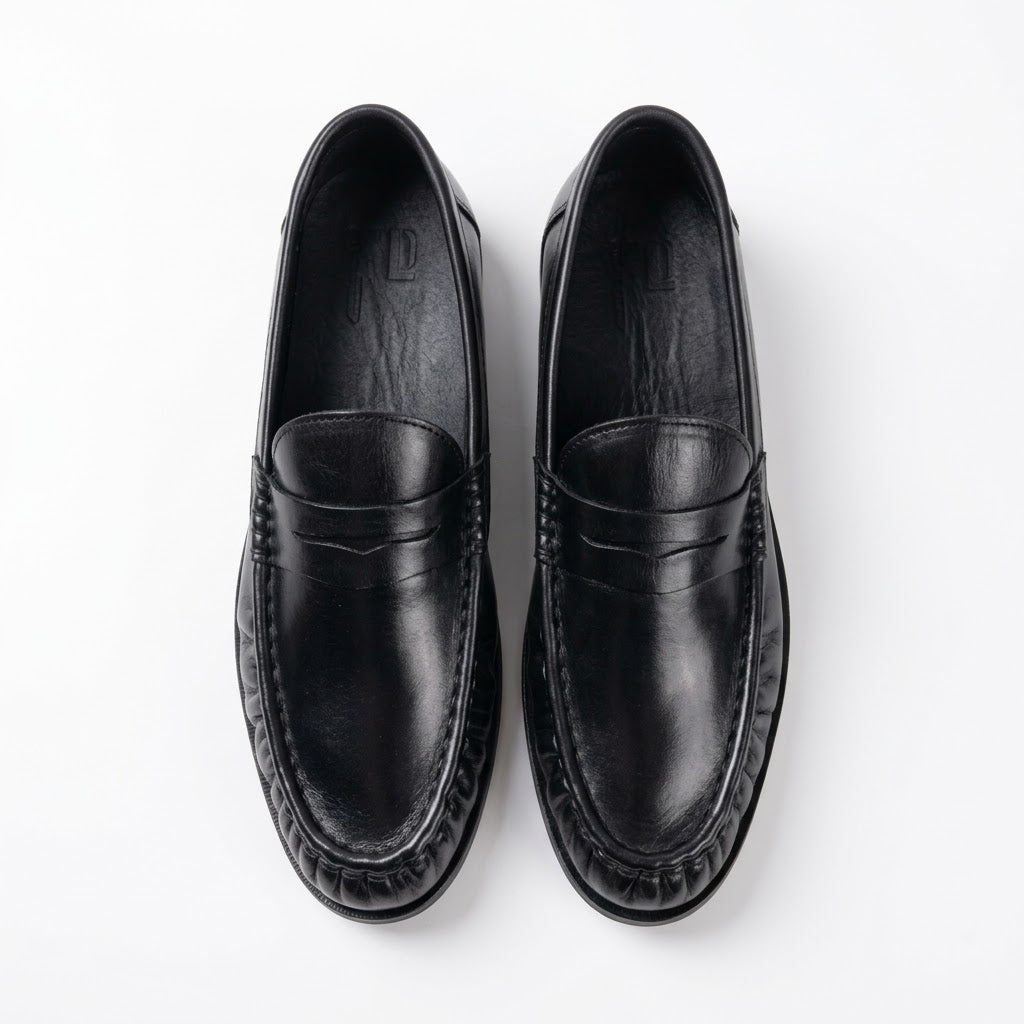 Premium Leather Pleated Loafers - BLK