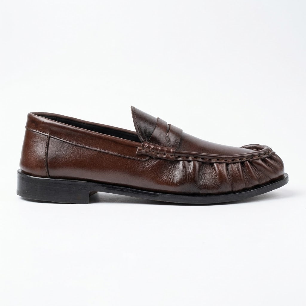 Premium Leather Pleated Loafers - BRN
