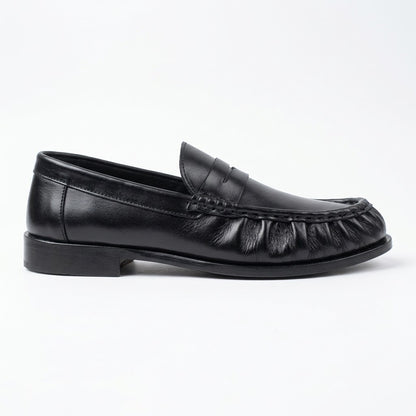 Premium Leather Pleated Loafers - BLK