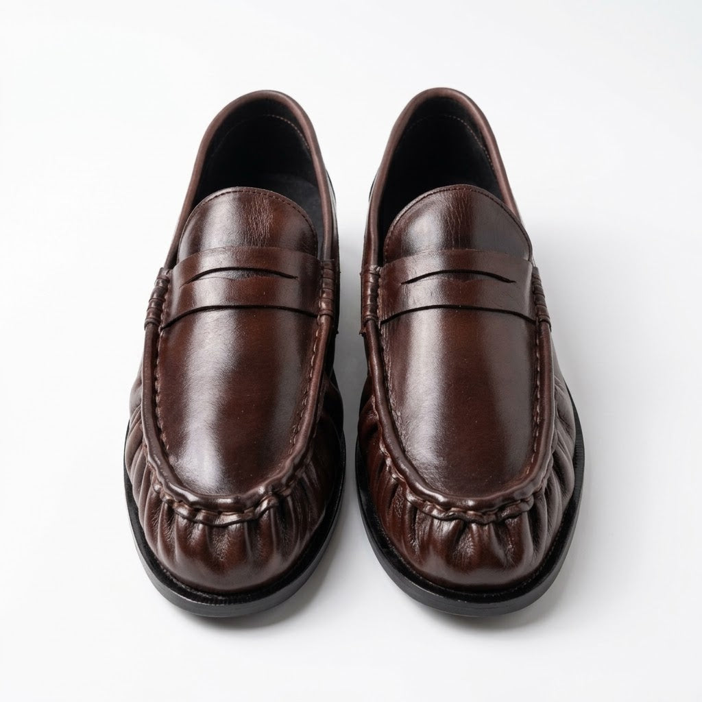 Premium Leather Pleated Loafers - BRN