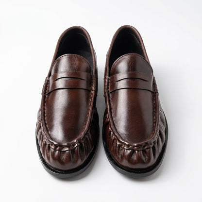 Premium Leather Pleated Loafers - BRN