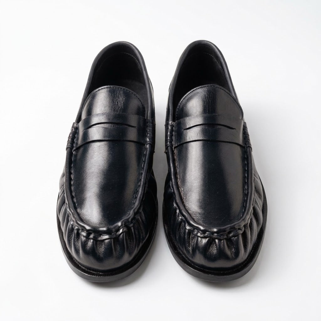 Premium Leather Pleated Loafers - BLK