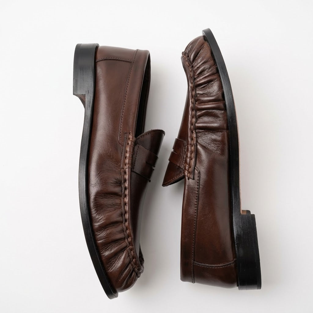 Premium Leather Pleated Loafers - BRN