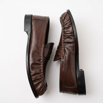 Premium Leather Pleated Loafers - BRN