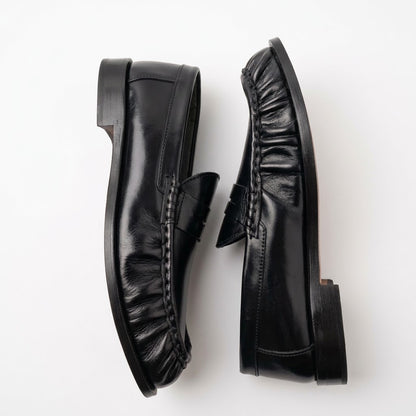 Premium Leather Pleated Loafers - BLK