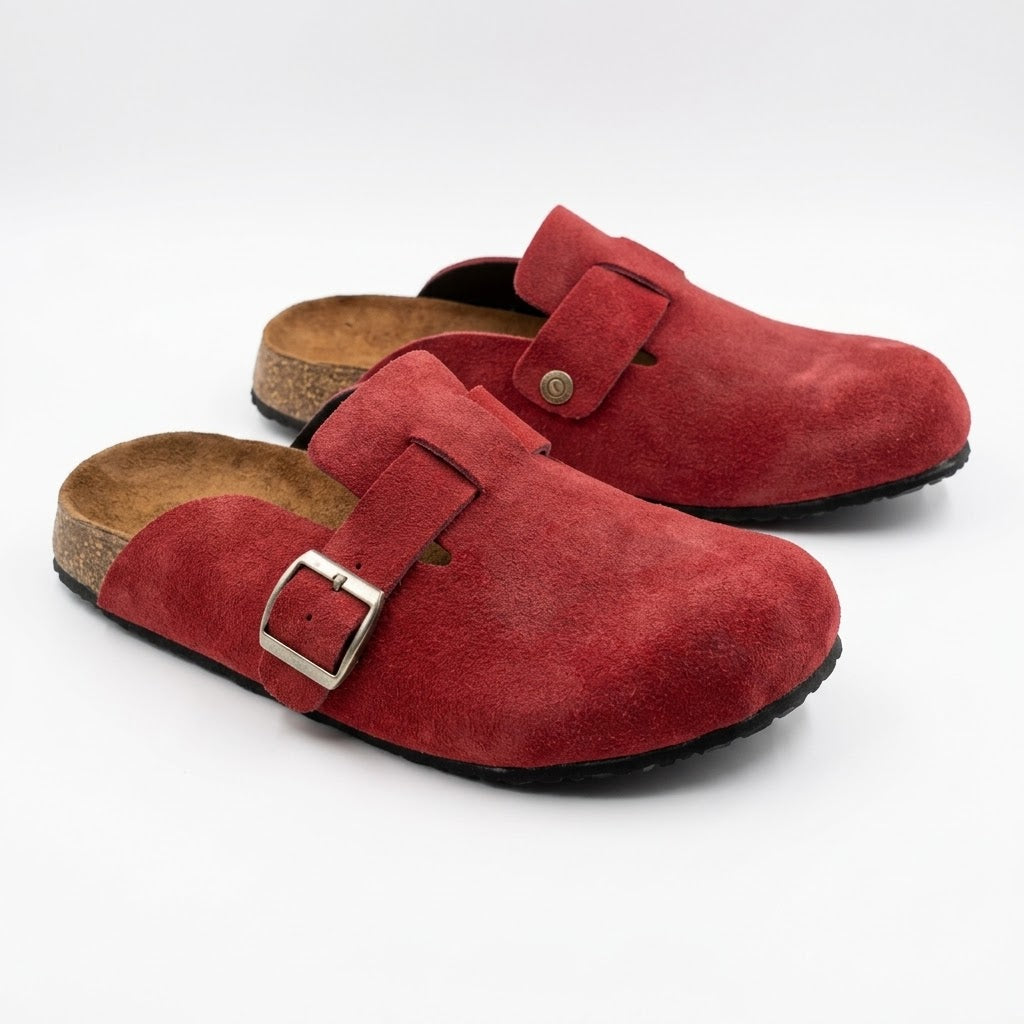 Suede Leather Clogs - Red