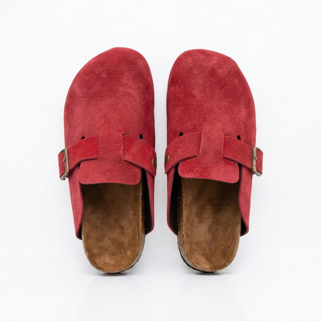 Suede Leather Clogs - Red