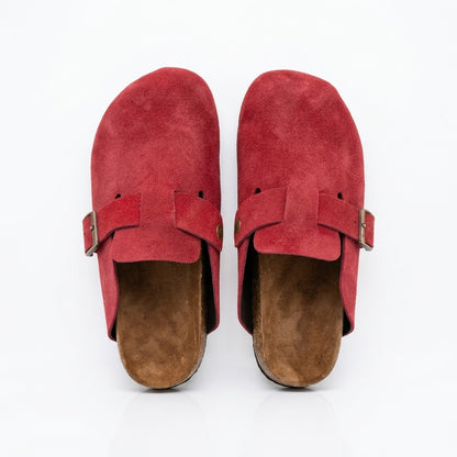 Suede Leather Clogs - Red