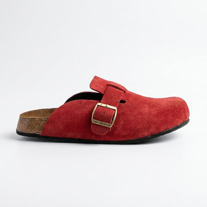 Suede Leather Clogs - Red