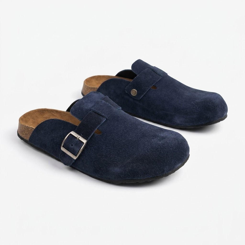 Suede Leather Clogs - Navy