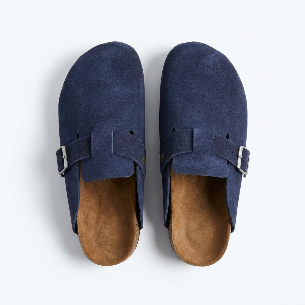 Suede Leather Clogs - Navy