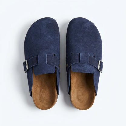 Suede Leather Clogs - Navy