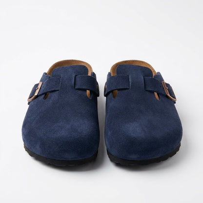 Suede Leather Clogs - Navy