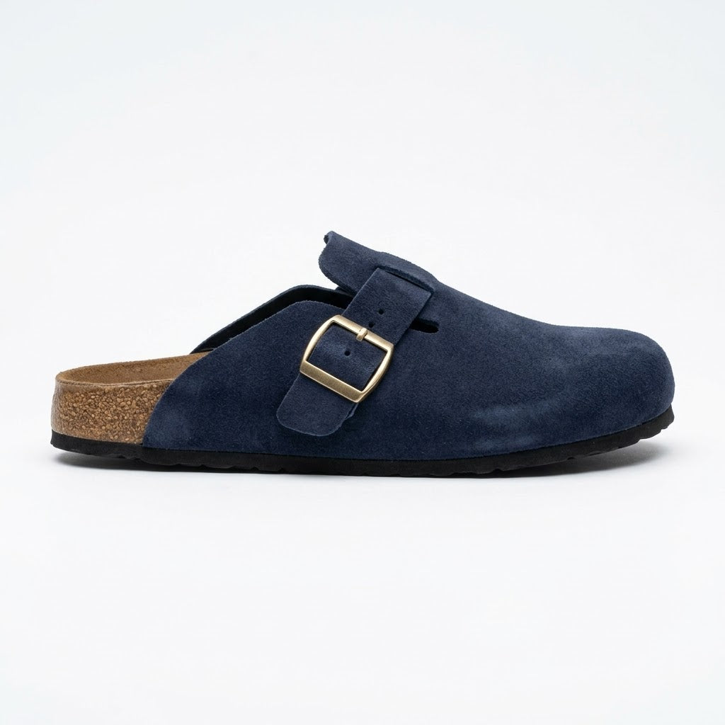 Suede Leather Clogs - Navy