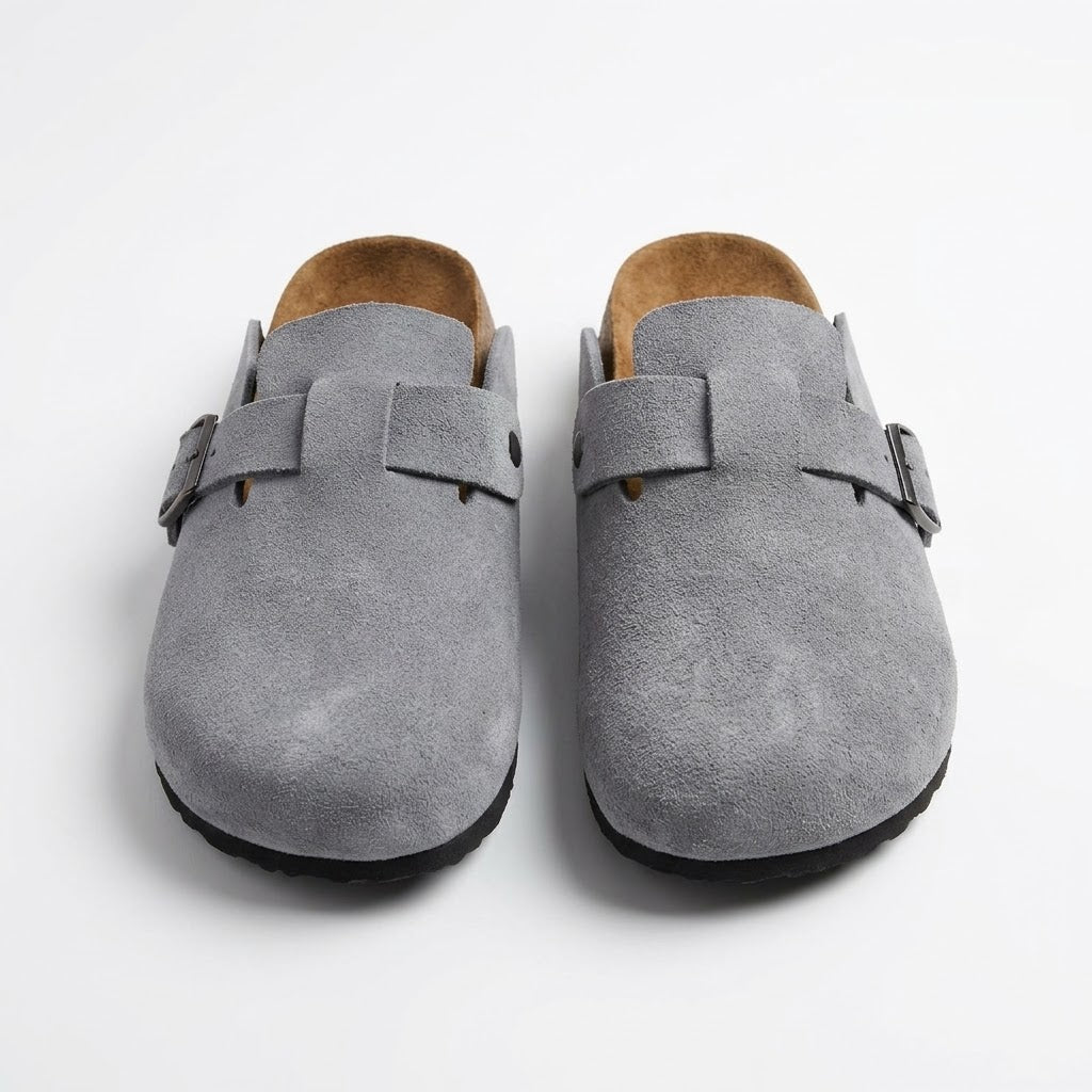 Suede Leather Clogs - Gray
