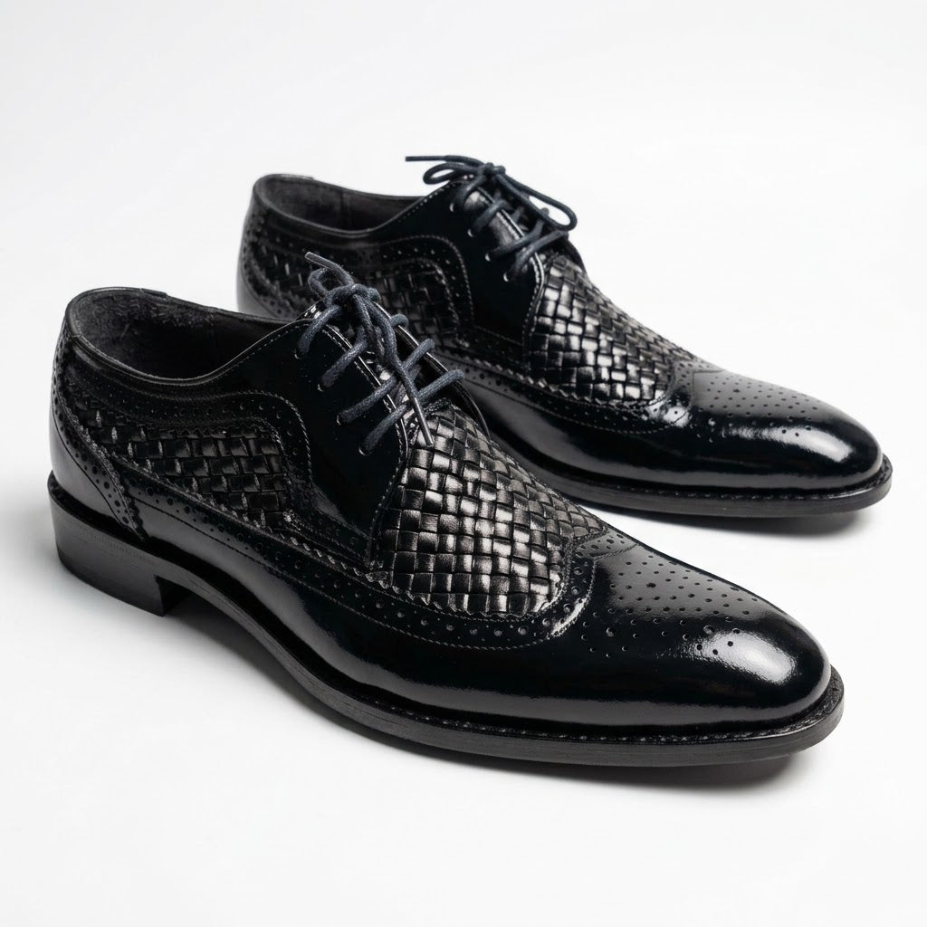 Leather Knitted Brogues - Black