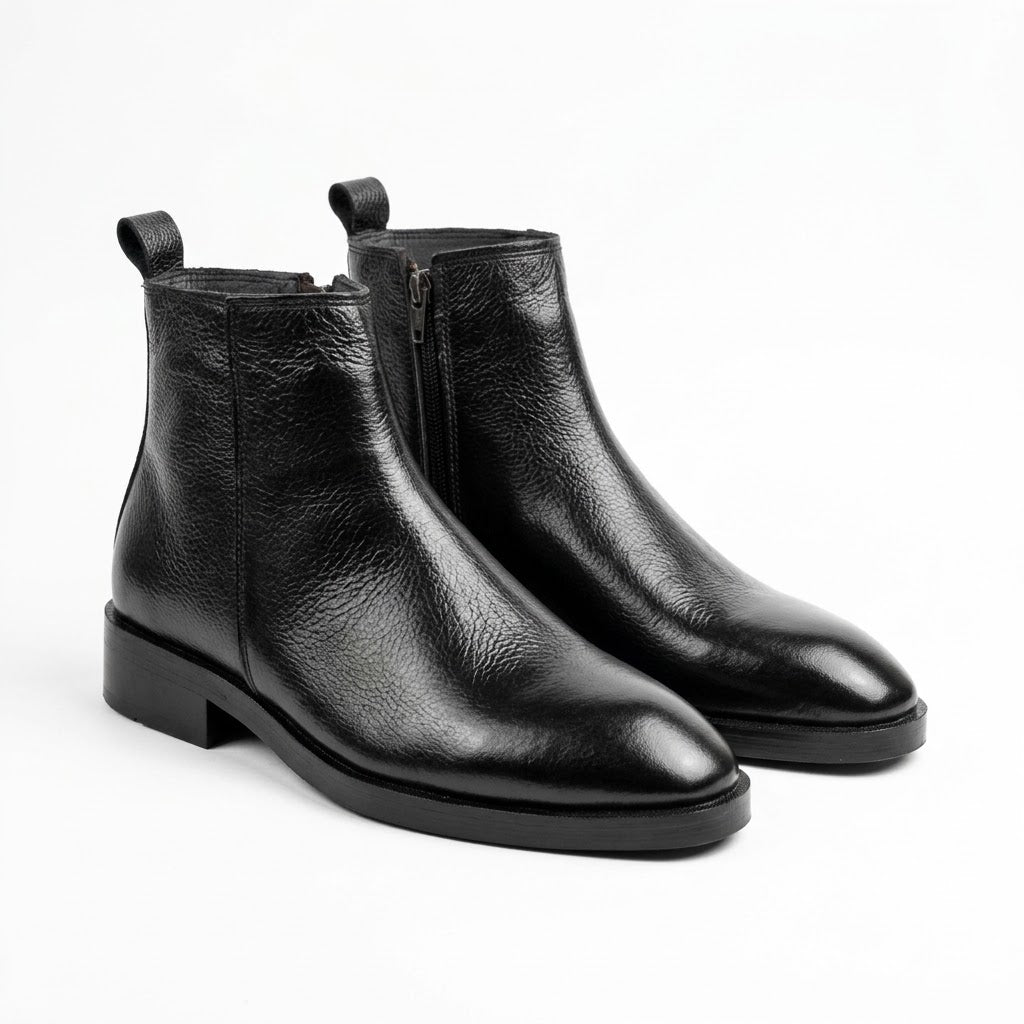 Premium Leather Round Toe Boots - BLK