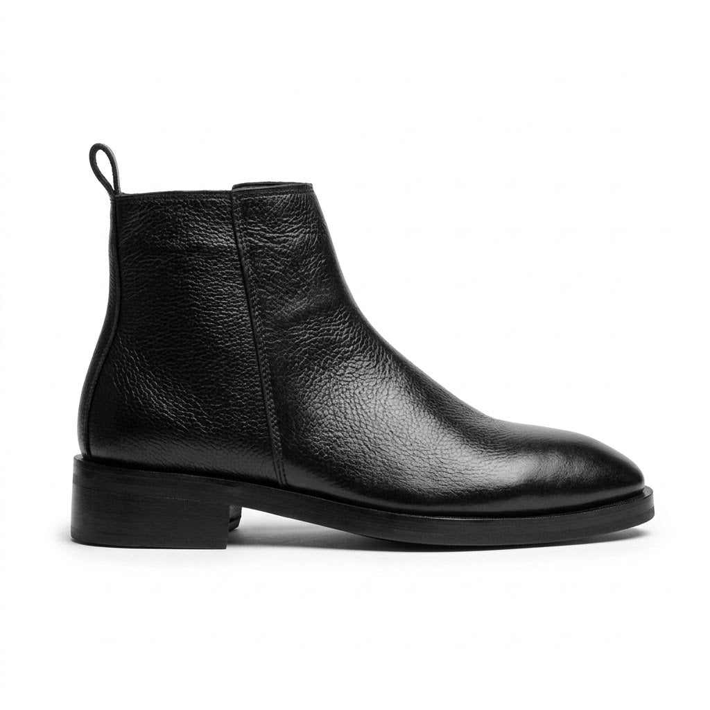 Premium Leather Round Toe Boots - BLK