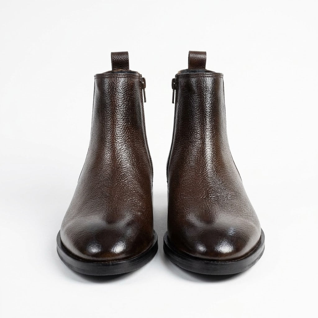 Premium Leather Round Toe Boots - BRN