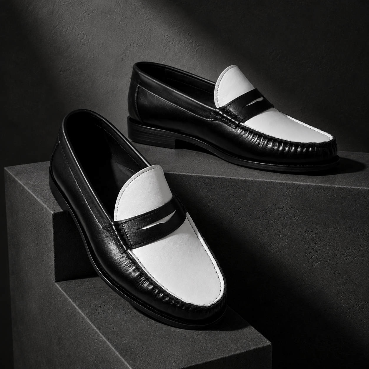 Leather Dual Tone Penny Loafers - ( Black & White )