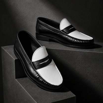 Leather Dual Tone Penny Loafers - ( Black & White )