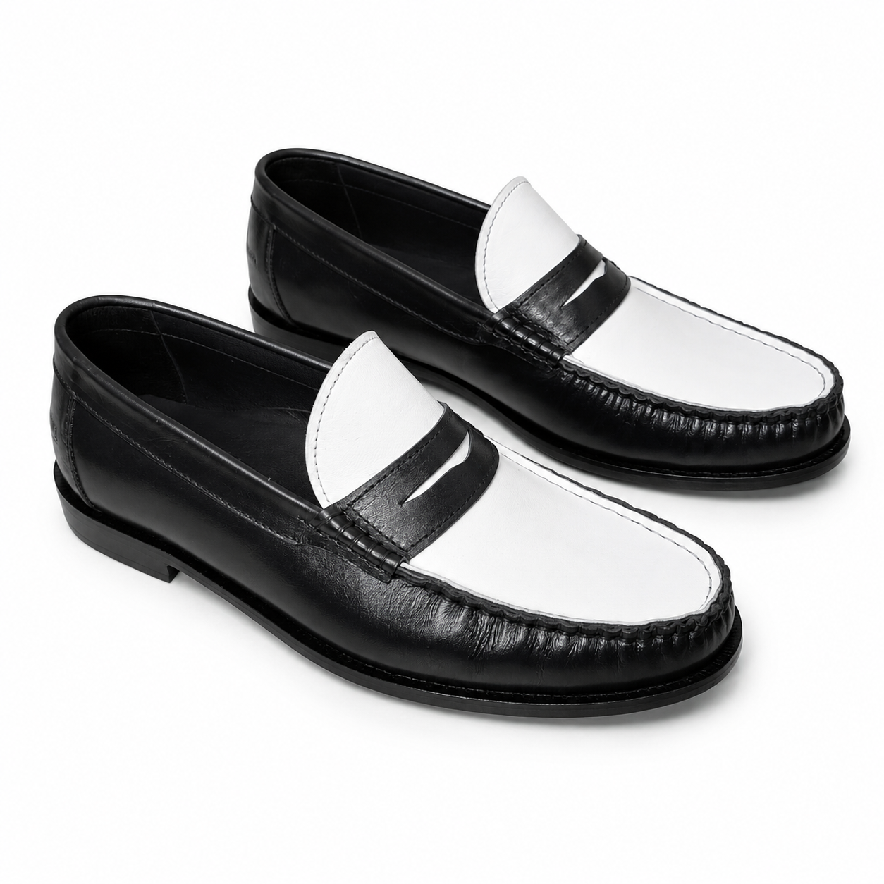 Leather Dual Tone Penny Loafers - ( Black & White )