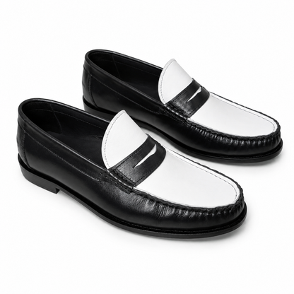 Leather Dual Tone Penny Loafers - ( Black & White )