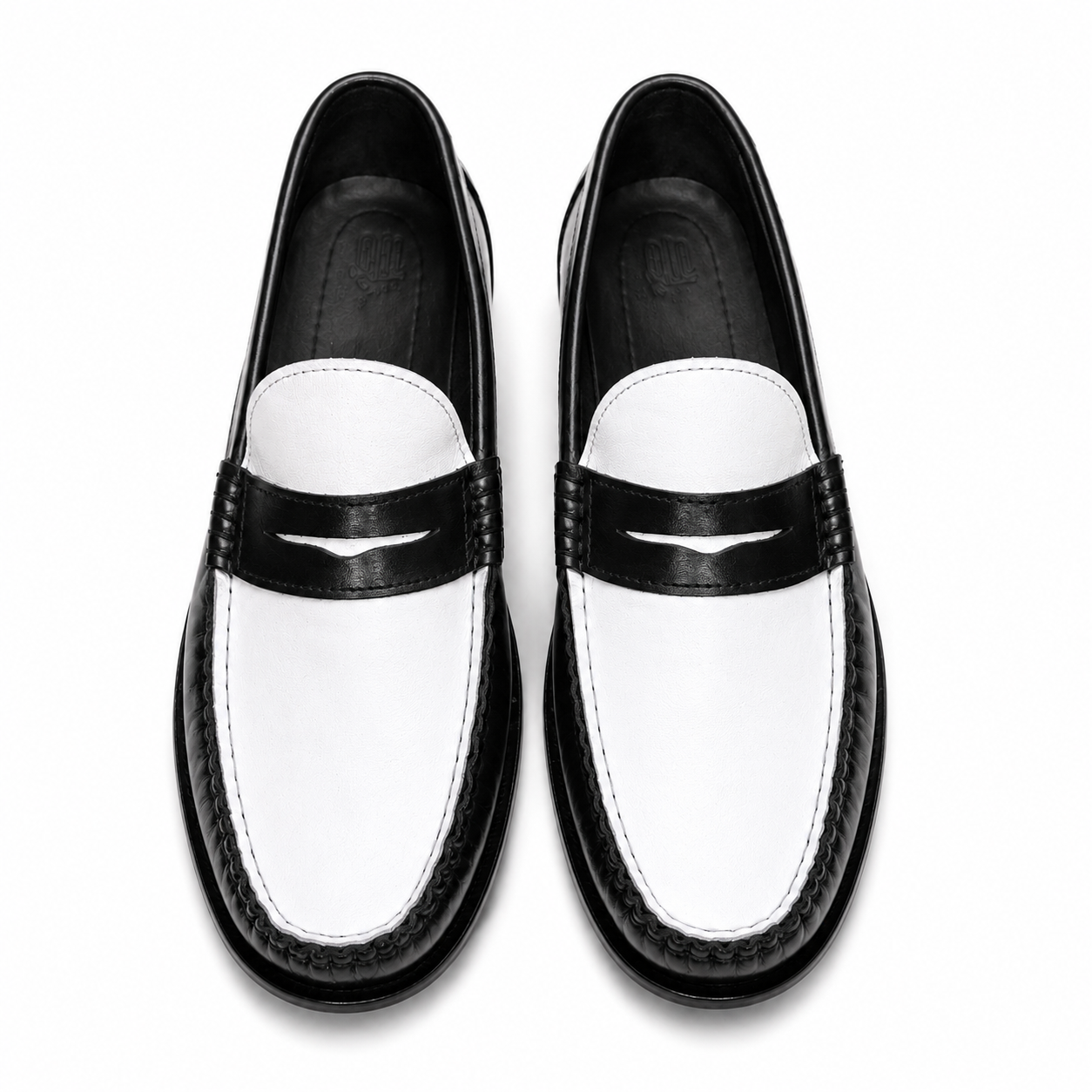 Leather Dual Tone Penny Loafers - ( Black & White )