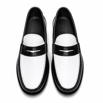 Leather Dual Tone Penny Loafers - ( Black & White )