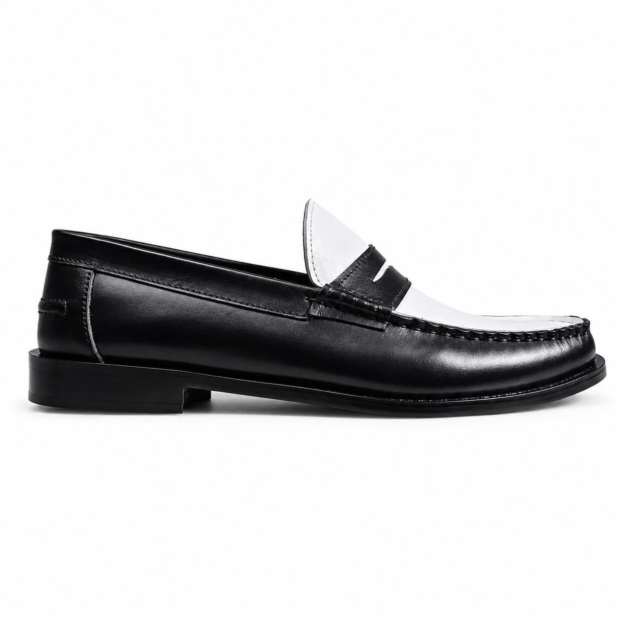 Leather Dual Tone Penny Loafers - ( Black & White )