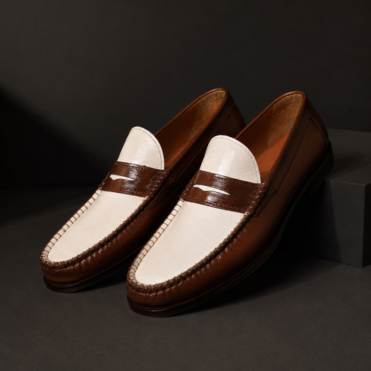 Leather Dual Tone Penny Loafers - ( Cream & Brown)