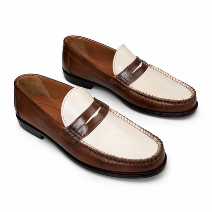Leather Dual Tone Penny Loafers - ( Cream & Brown)
