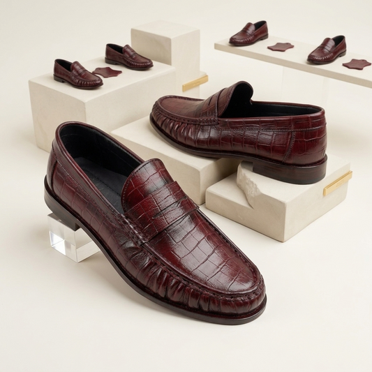 Leather Vintage Penny Loafers - Burgundy